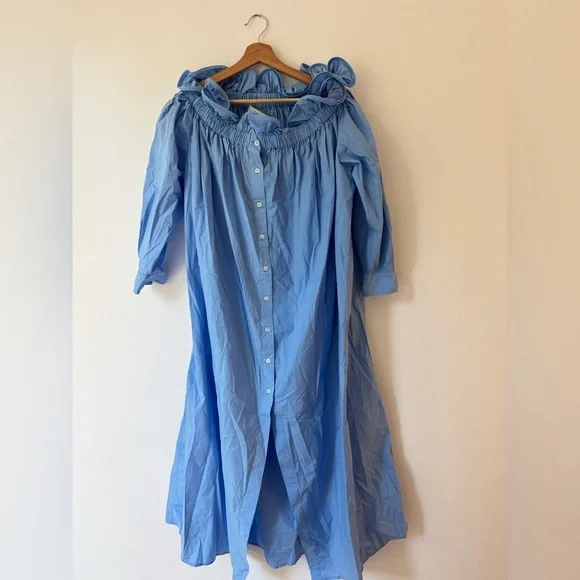 NWT AZ FACTORY+Lutz Huelle Sunset off-the-shoulder pleated cotton-poplin maxi - Picture 5 of 14